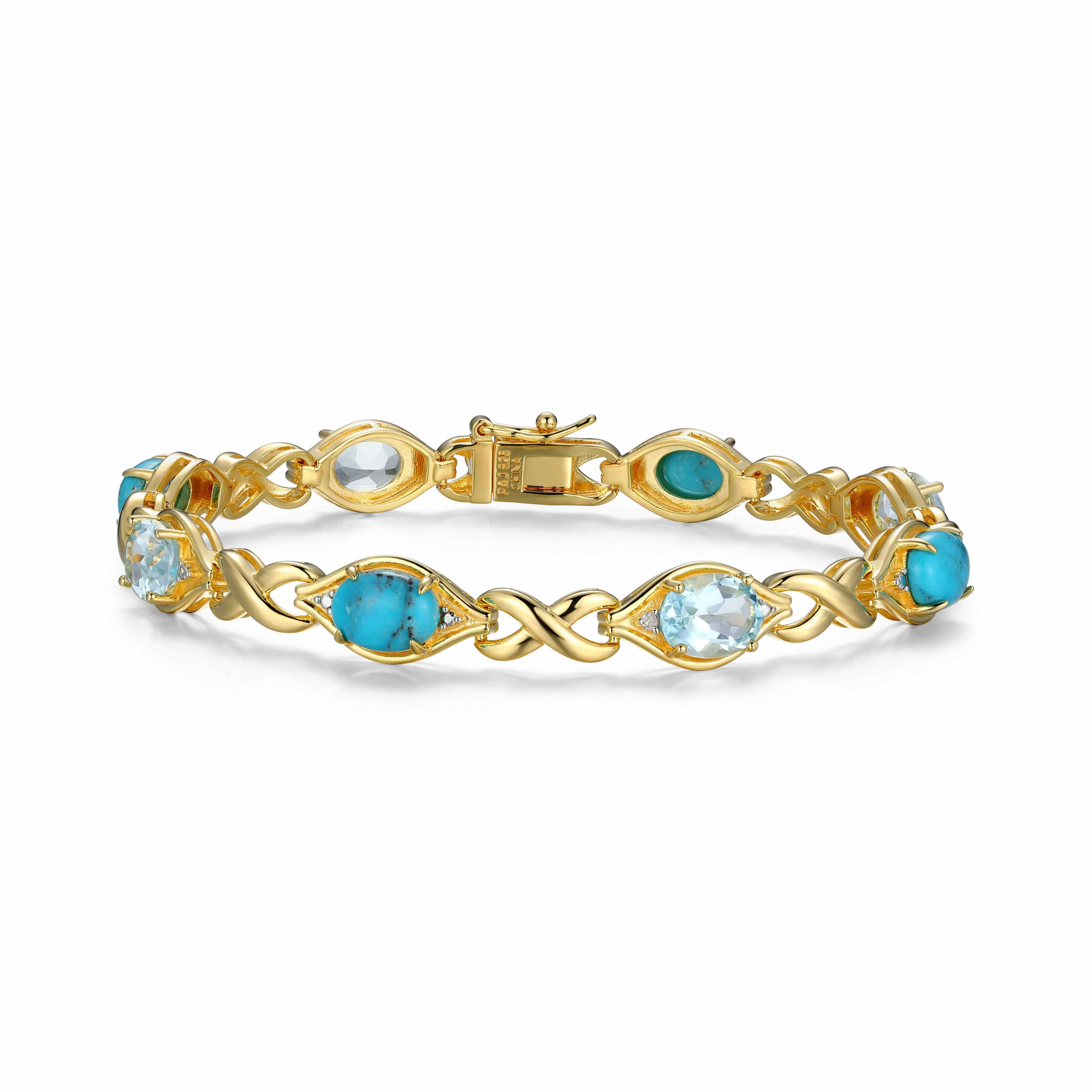 Genuine Turquoise, Blue Topaz and Diamond Accent Bracelet in 18k Gold Plated Sterling Silver