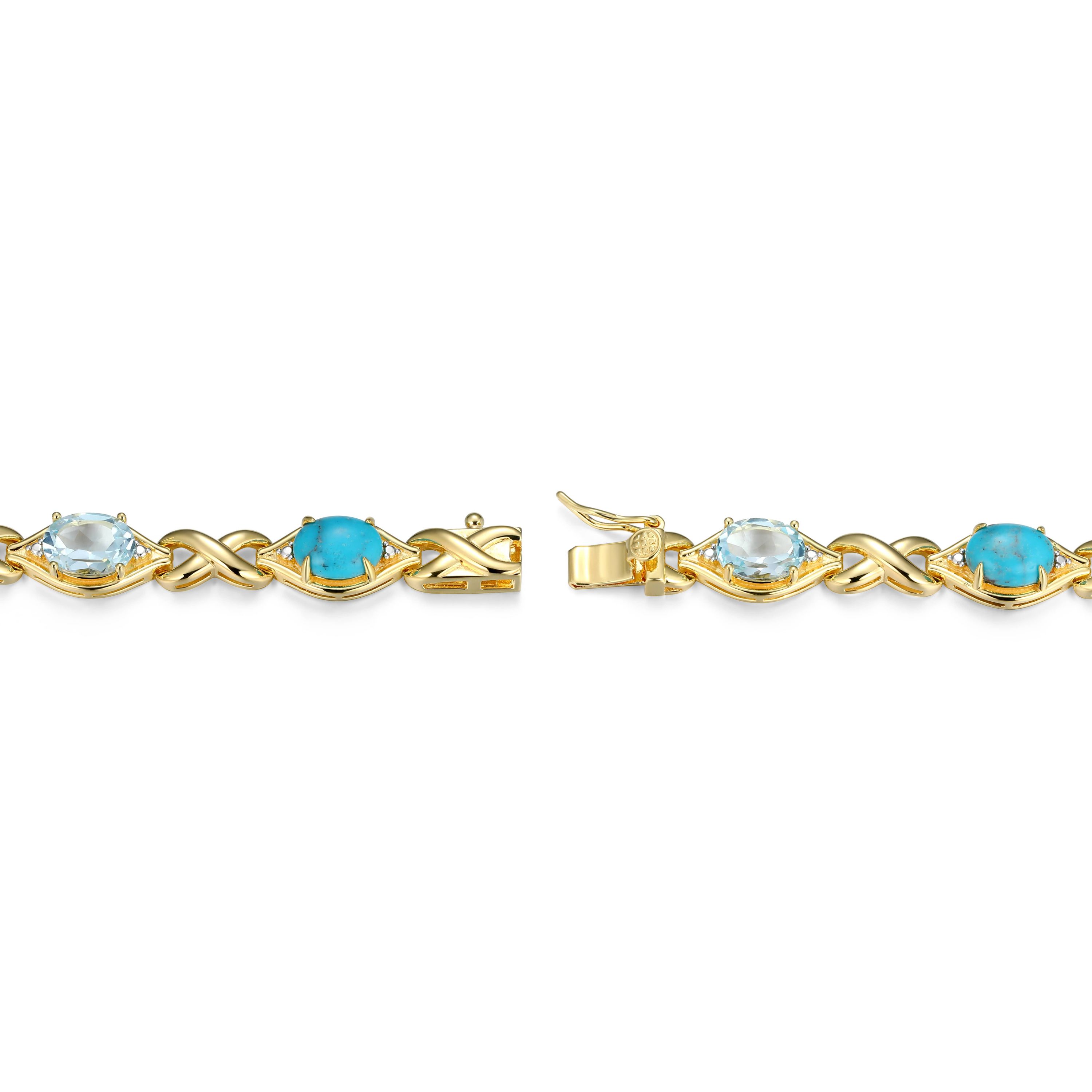 Genuine Turquoise, Blue Topaz and Diamond Accent Bracelet in 18k Gold Plated Sterling Silver