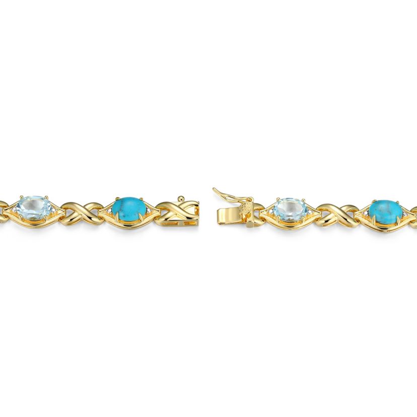 Genuine Turquoise, Blue Topaz and Diamond Accent Bracelet in 18k Gold Plated Sterling Silver