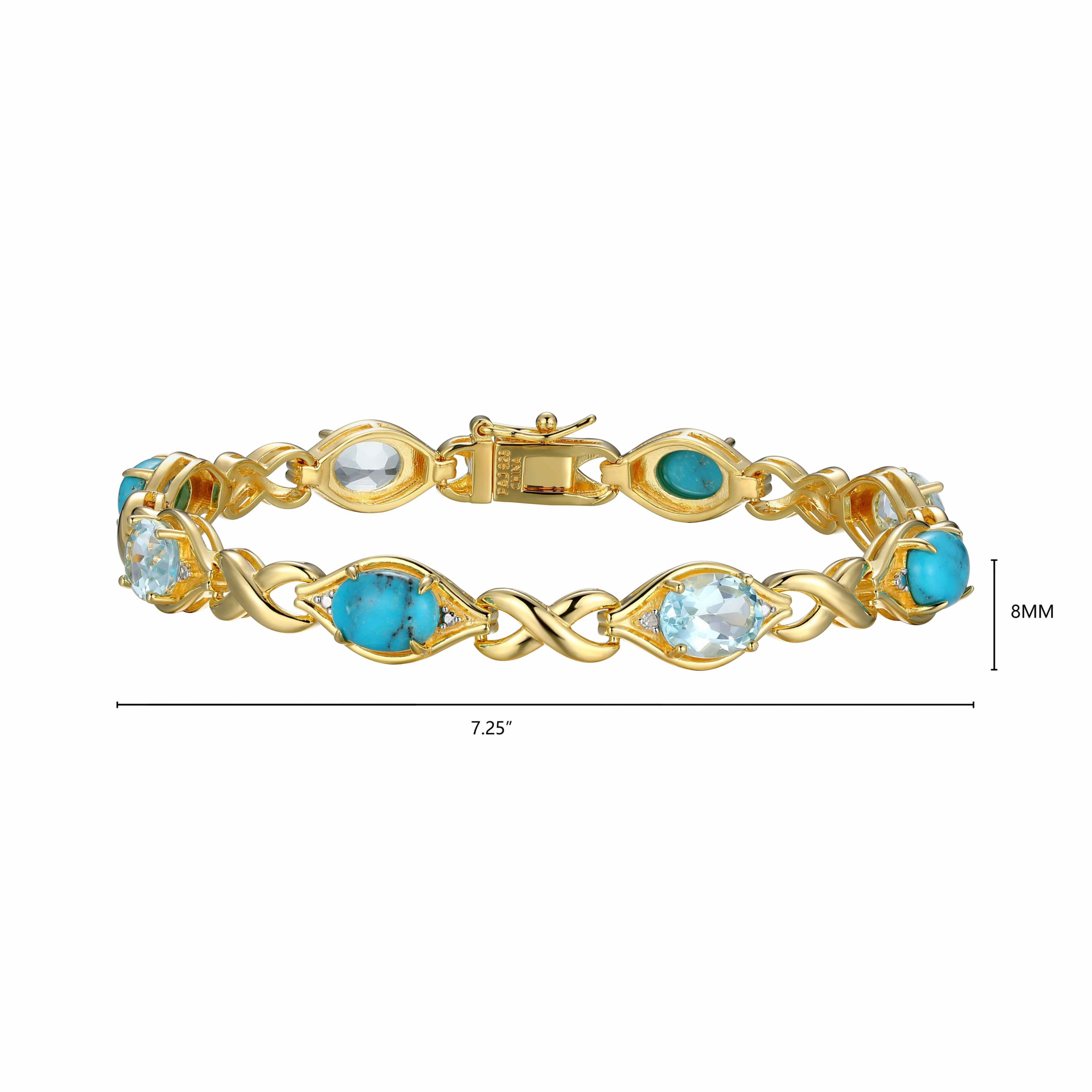 Genuine Turquoise, Blue Topaz and Diamond Accent Bracelet in 18k Gold Plated Sterling Silver