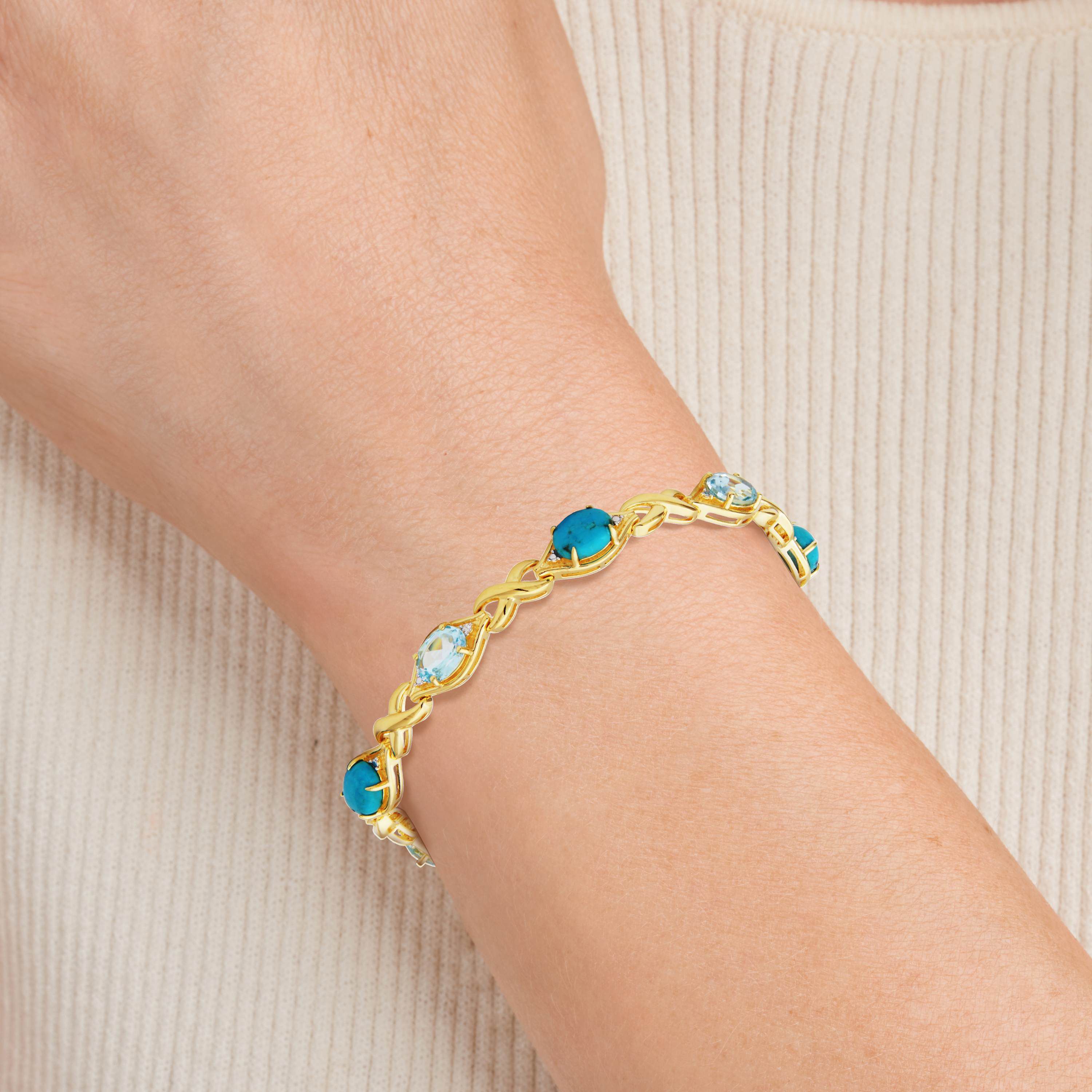 Genuine Turquoise, Blue Topaz and Diamond Accent Bracelet in 18k Gold Plated Sterling Silver