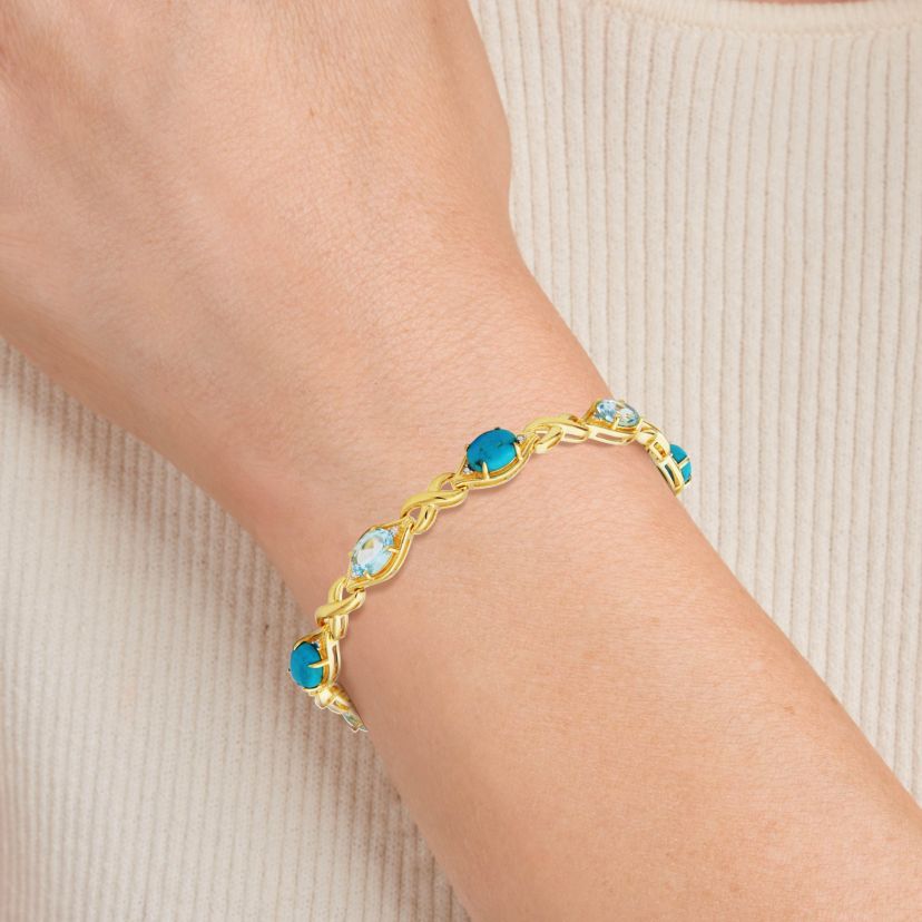Genuine Turquoise, Blue Topaz and Diamond Accent Bracelet in 18k Gold Plated Sterling Silver