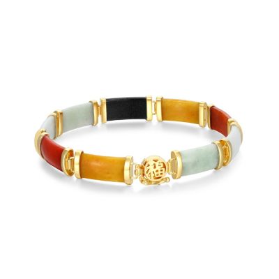 Dynasty Jade Genuine Multi-Color Jade Link Station Bracelet in 18k Yellow Gold Plated Sterling Silver, 8"