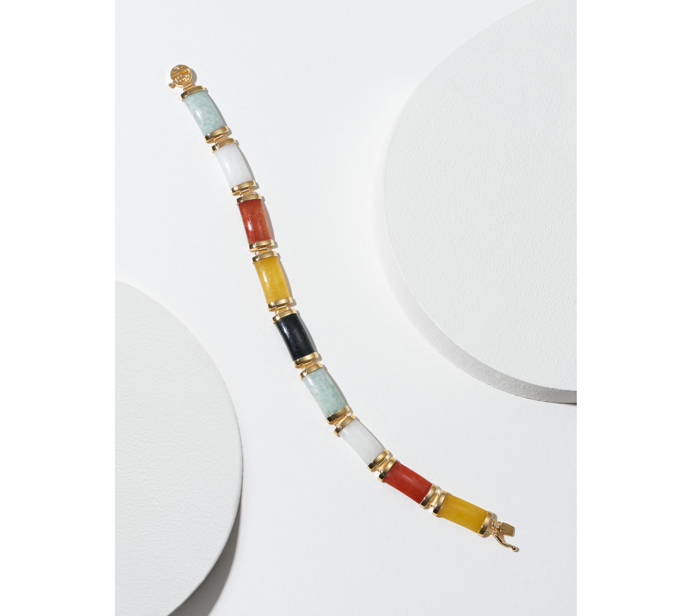 Genuine Multi-Color Jade Link Station Bracelet in 18k Yellow Gold Plated Sterling Silver, 8"