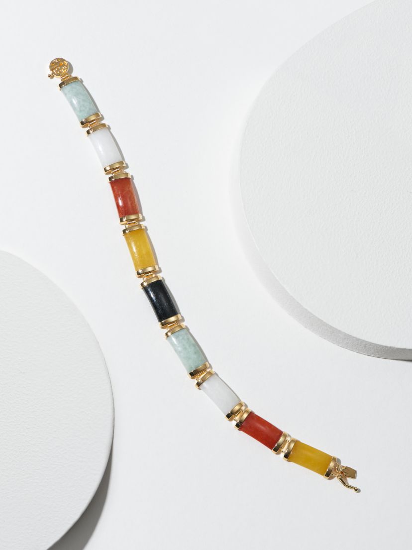 Genuine Multi-Color Jade Link Station Bracelet in 18k Yellow Gold Plated Sterling Silver, 8"