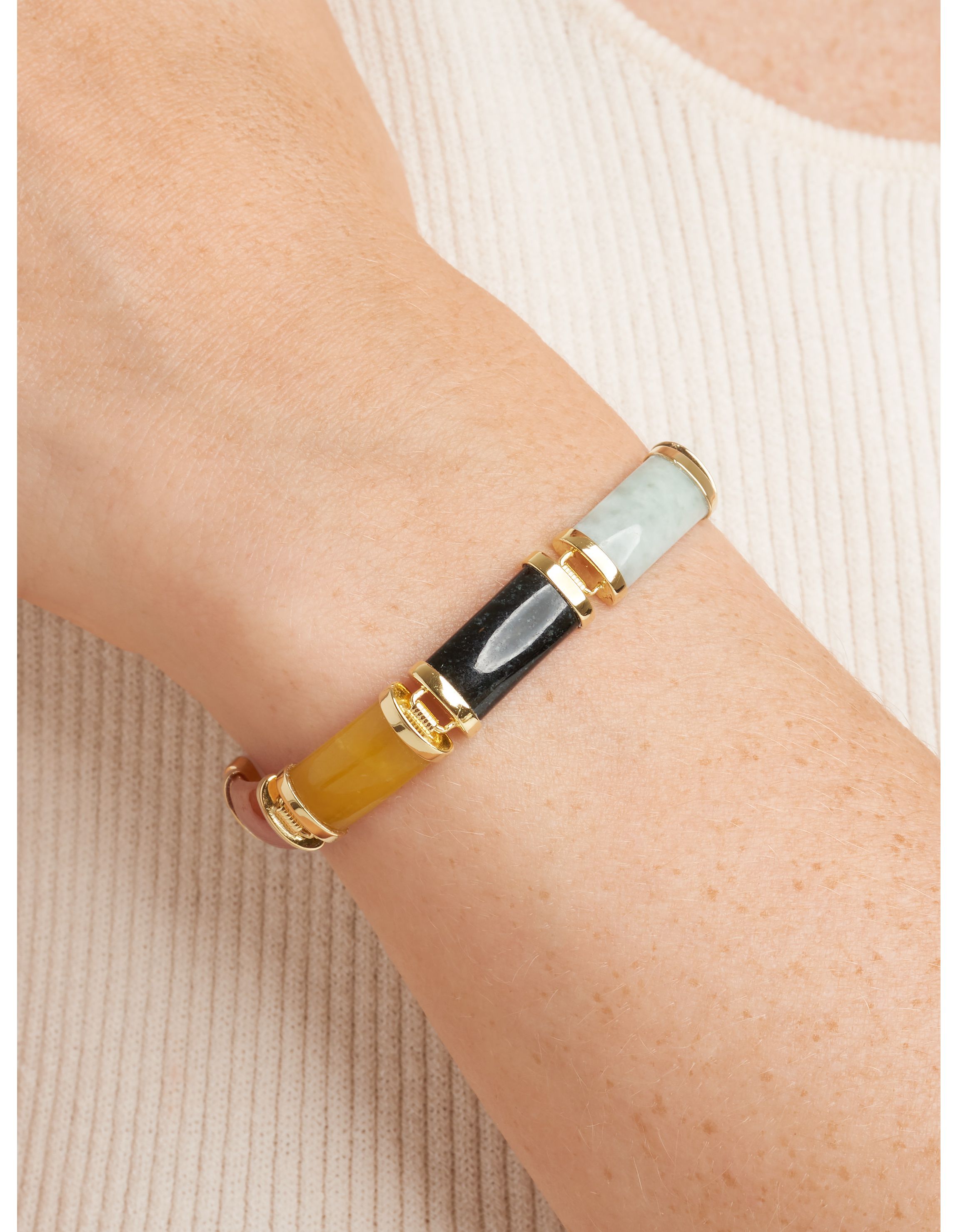 Genuine Multi-Color Jade Link Station Bracelet in 18k Yellow Gold Plated Sterling Silver, 8"