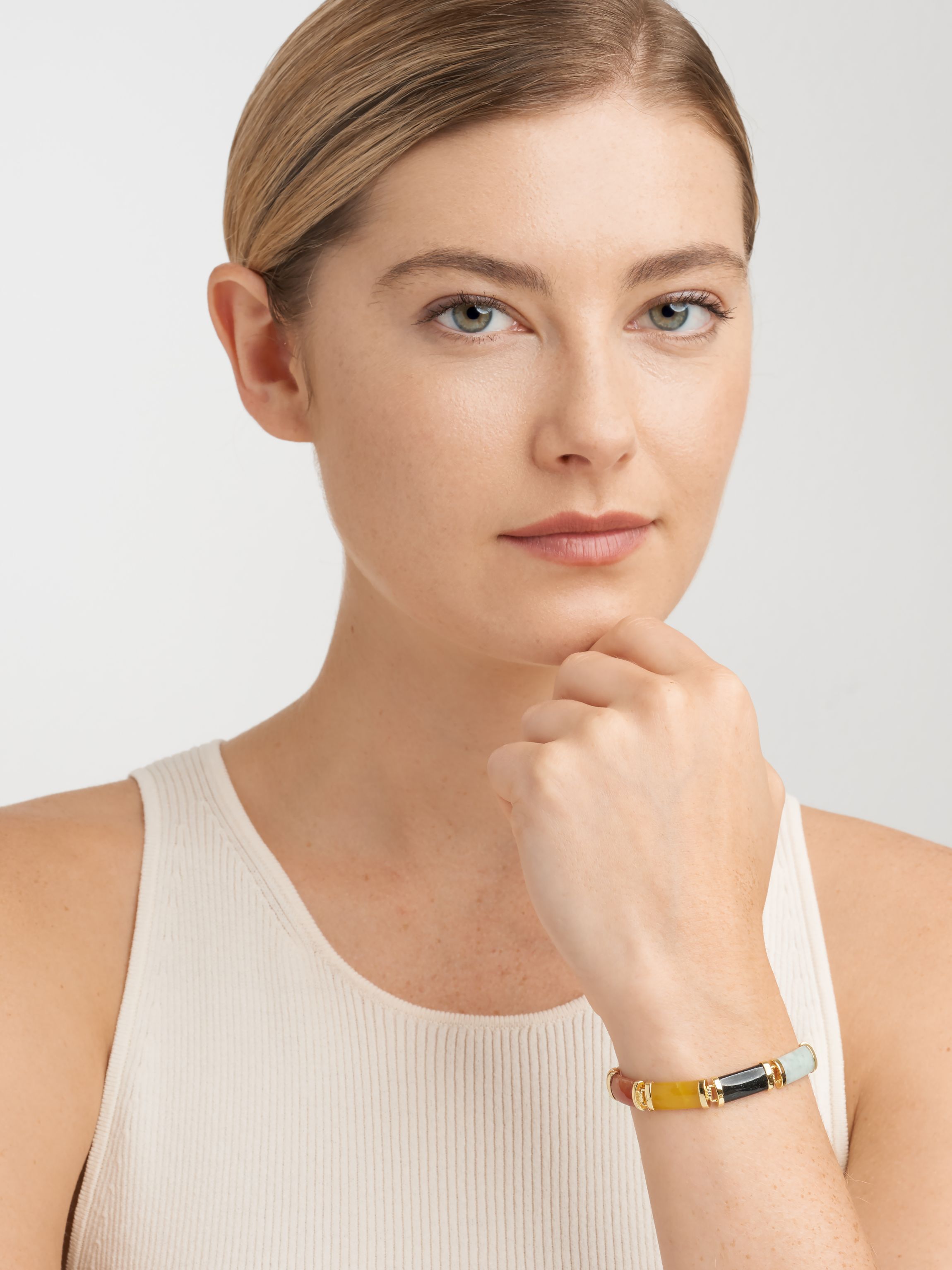 Genuine Multi-Color Jade Link Station Bracelet in 18k Yellow Gold Plated Sterling Silver, 8"