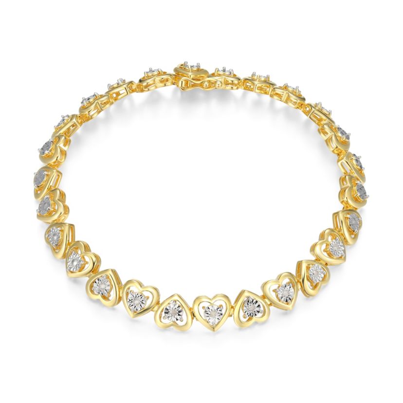 Diamond Accent Heart Tennis Bracelet in 18k Yellow Gold Plated Sterling Silver