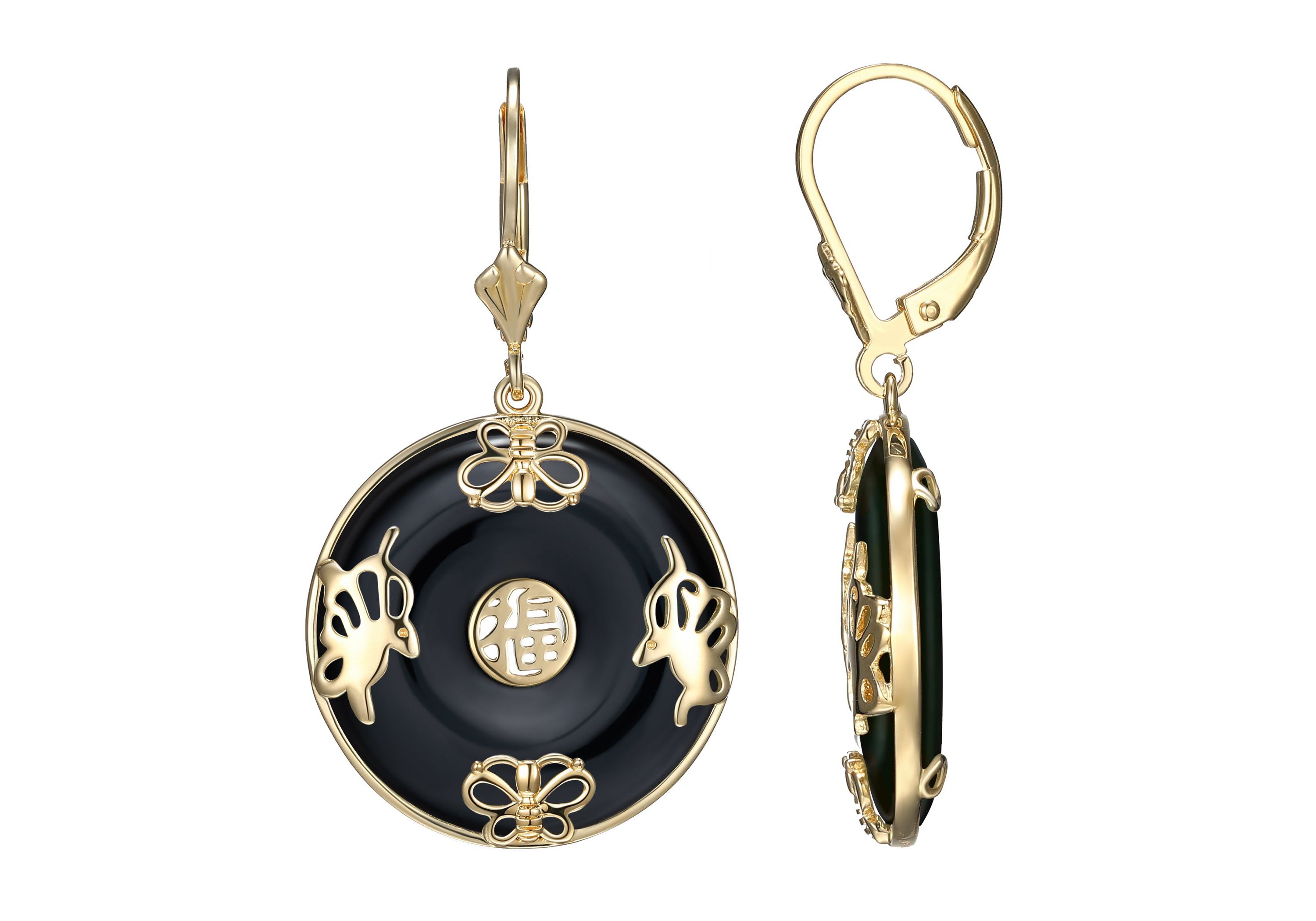 Black Onyx Circle Leverback Earrings in Rhodium or 18K Gold Plated Sterling Silver