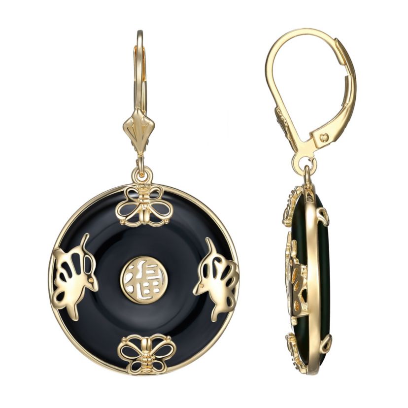 Black Onyx Circle Leverback Earrings in Rhodium or 18K Gold Plated Sterling Silver