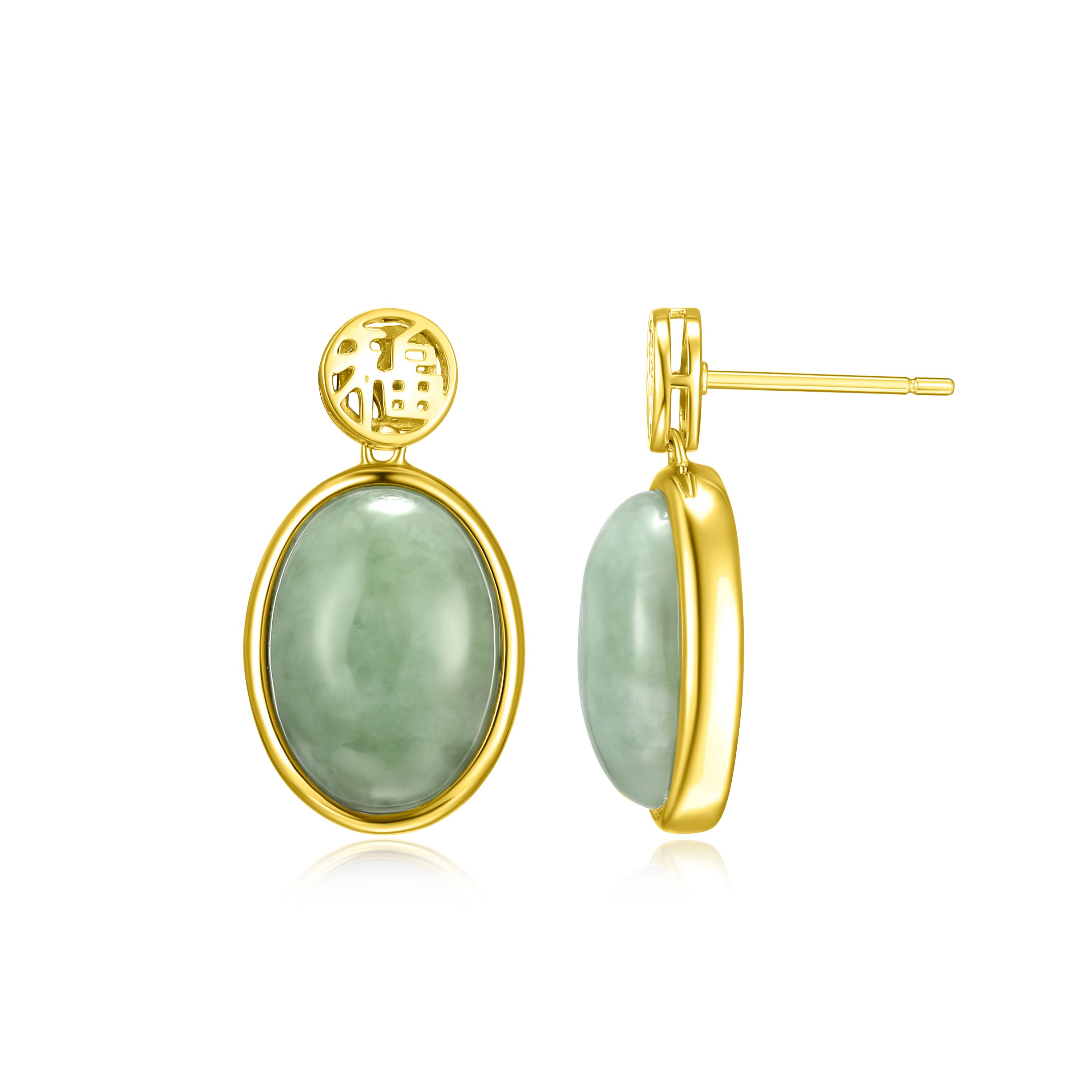 Genuine Green Jade Bezel-Set Good Fortune Earrings in 18k Yellow Gold Plated Sterling Silver