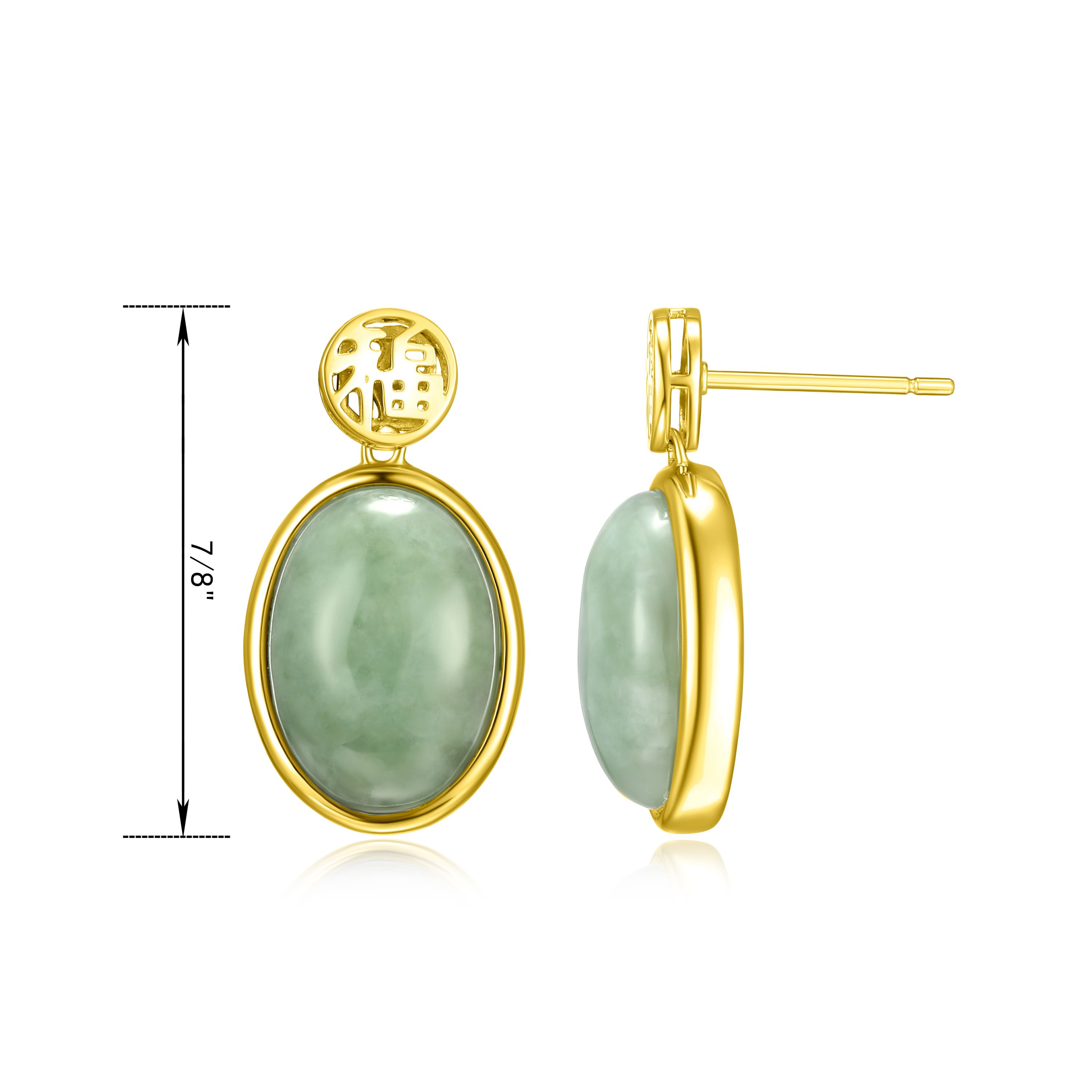 Genuine Green Jade Bezel-Set Good Fortune Earrings in 18k Yellow Gold Plated Sterling Silver