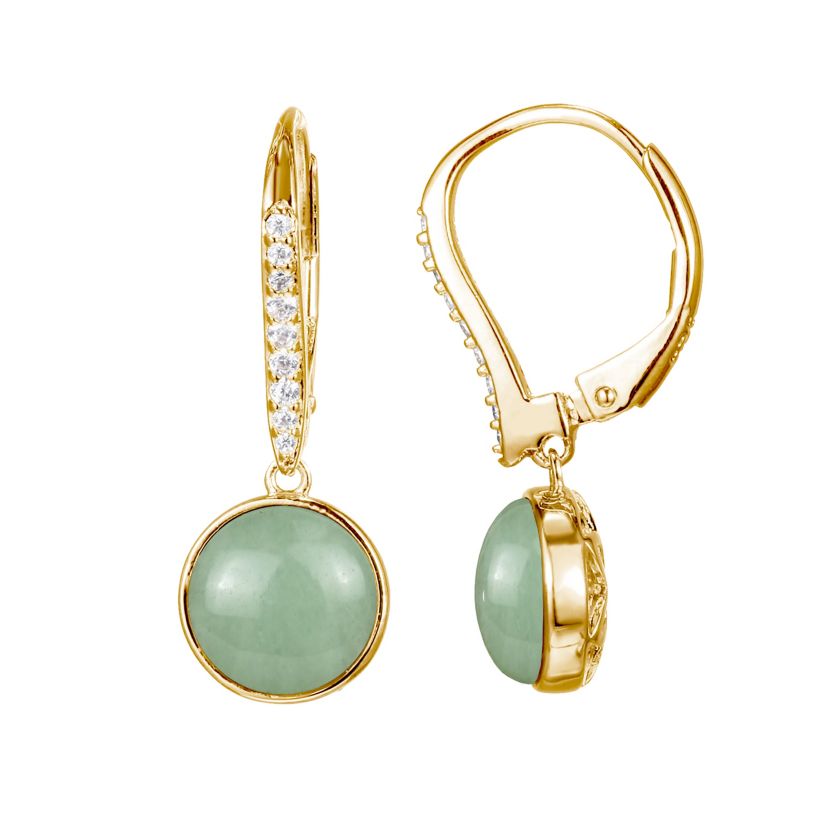 Genuine Green Jade Bezel-Set Leverback Earrings in 18k Yellow Gold Plated Sterling Silver