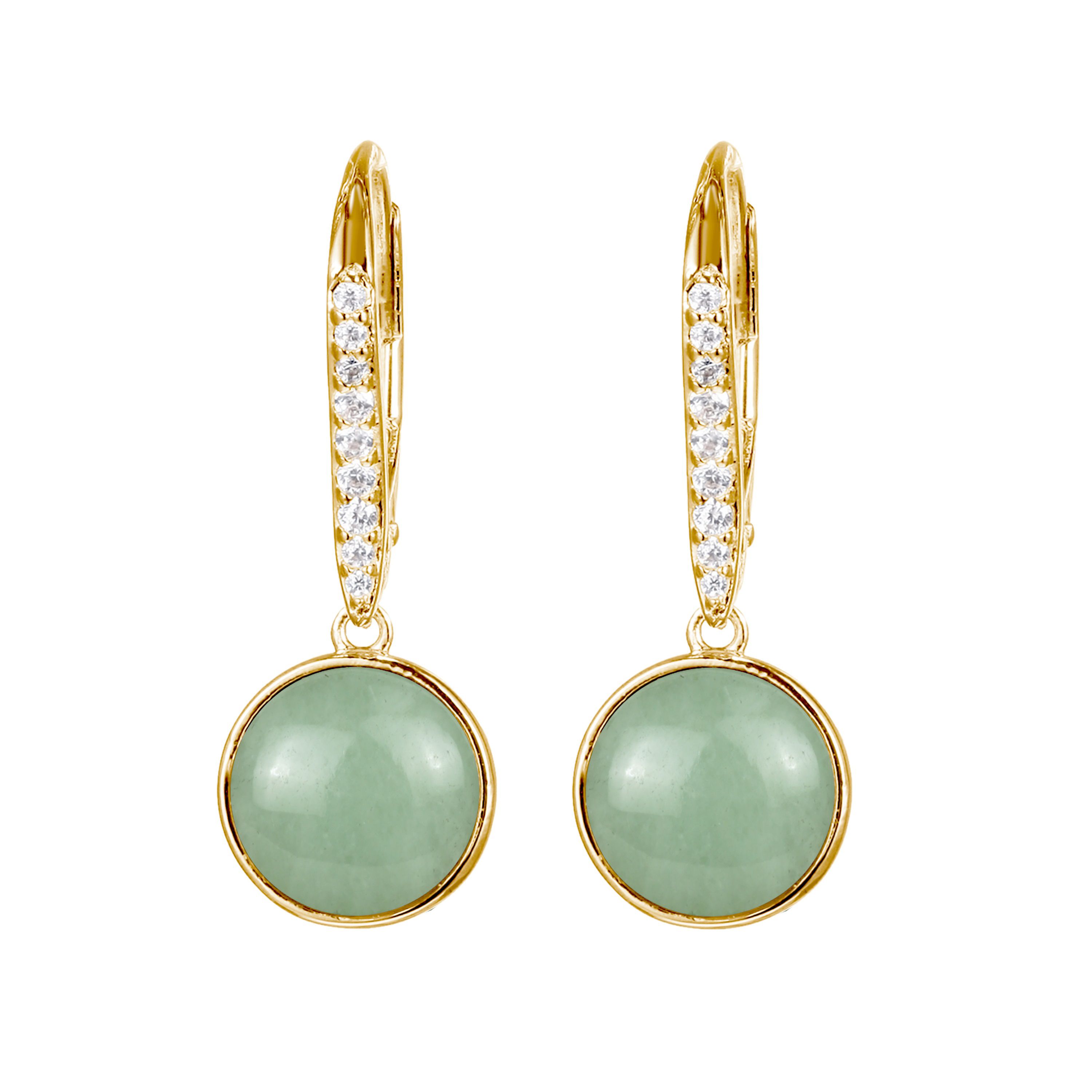 Genuine Green Jade Bezel-Set Leverback Earrings in 18k Yellow Gold Plated Sterling Silver