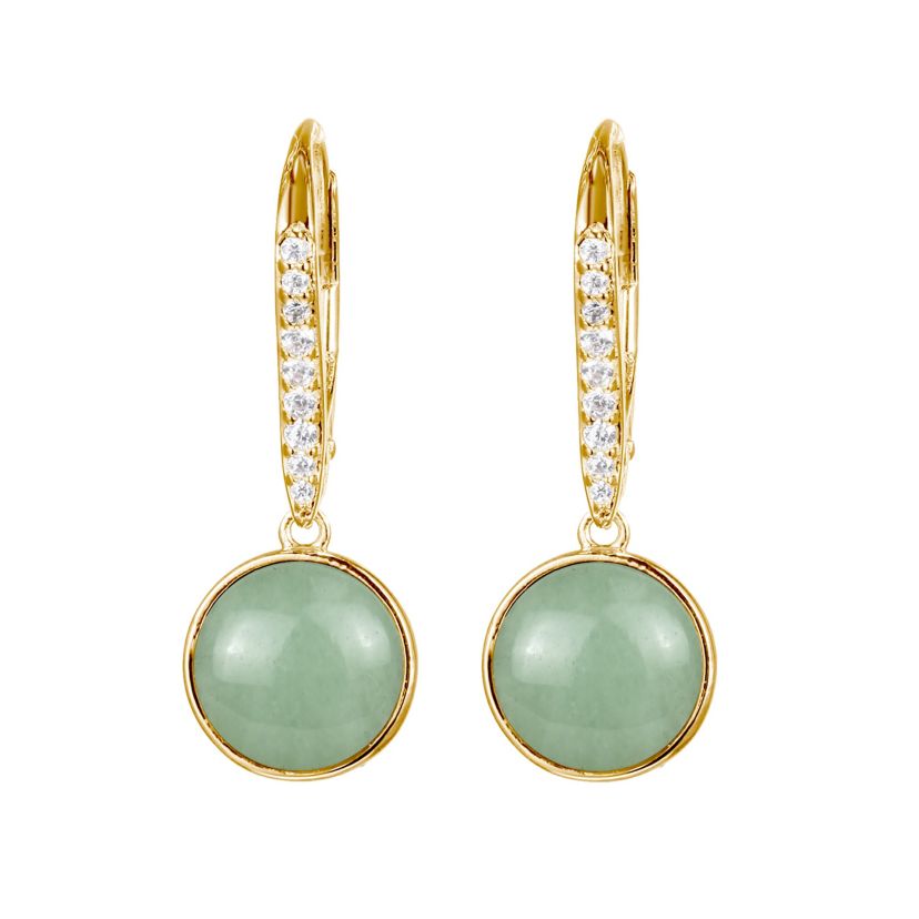 Genuine Green Jade Bezel-Set Leverback Earrings in 18k Yellow Gold Plated Sterling Silver