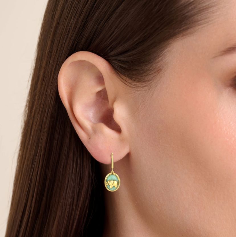 18K Yellow Gold Plated Sterling Silver Genuine Jade Elephant Leverback Earrings