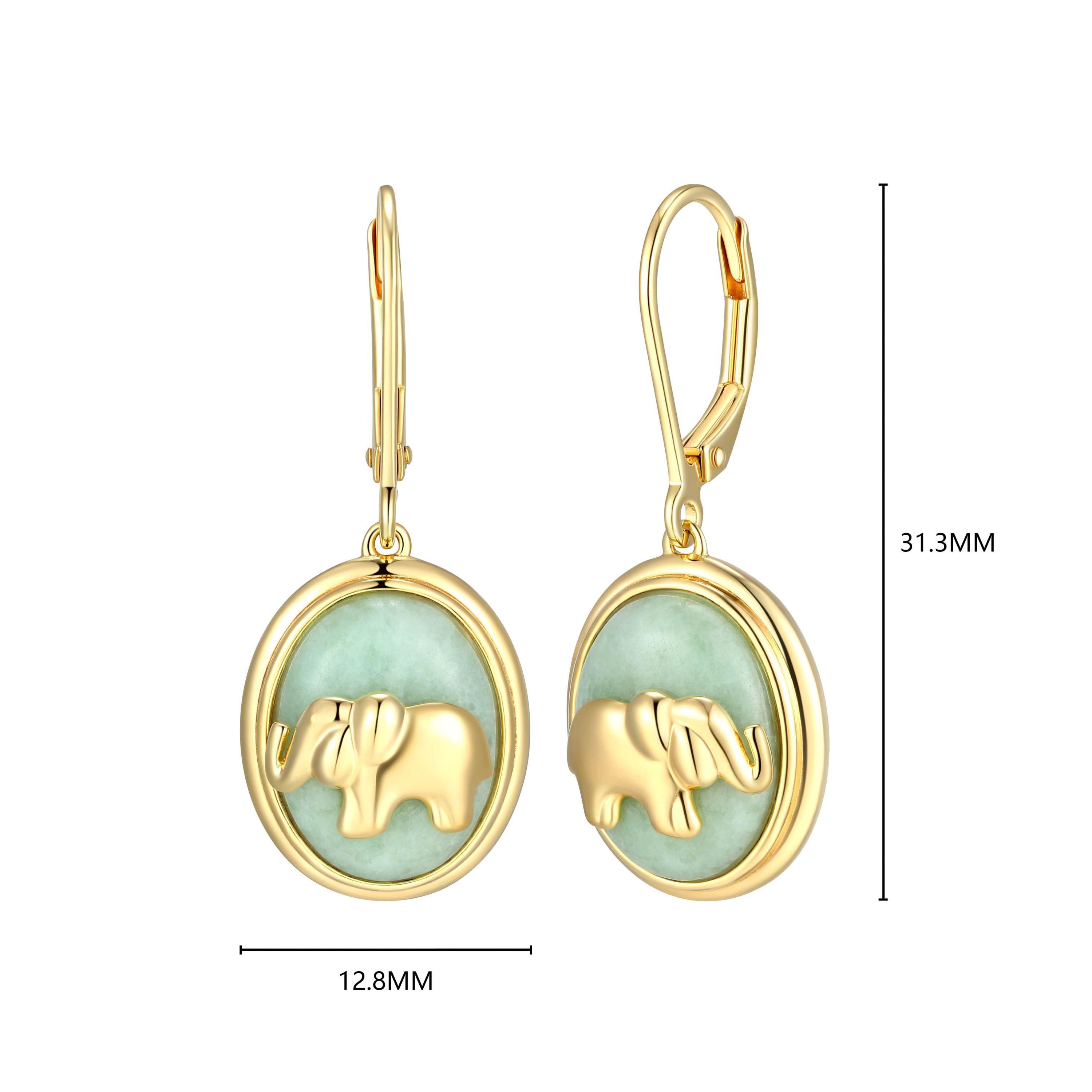 18K Yellow Gold Plated Sterling Silver Genuine Jade Elephant Leverback Earrings