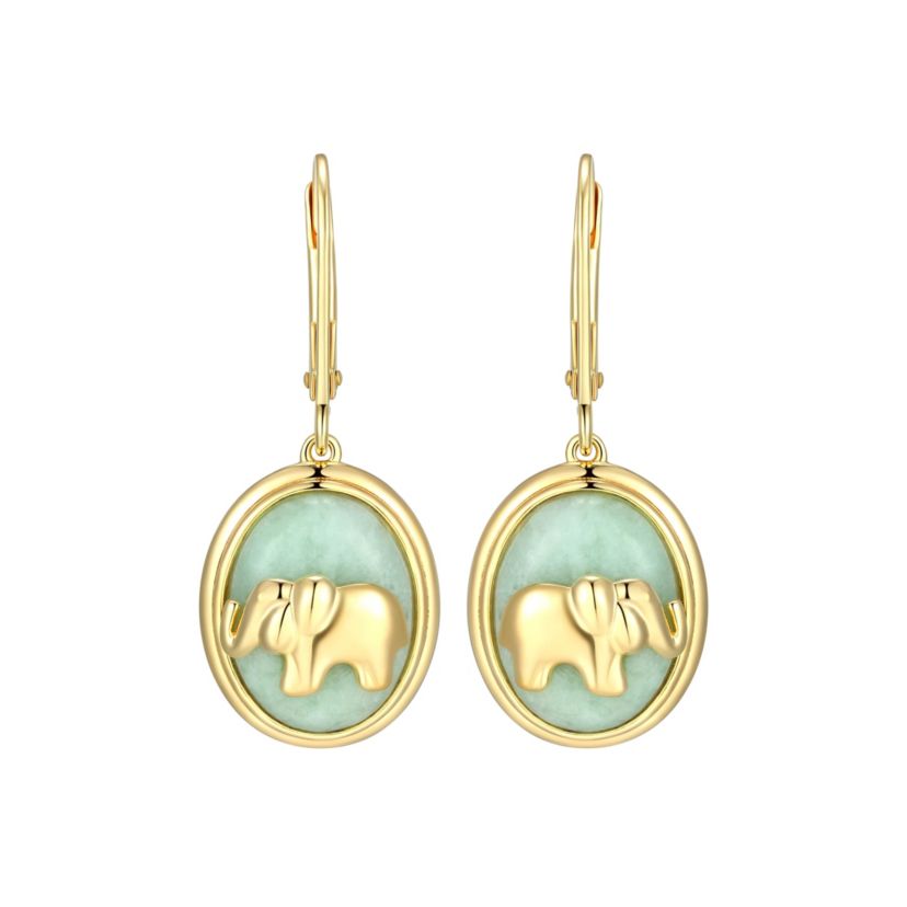 18K Yellow Gold Plated Sterling Silver Genuine Jade Elephant Leverback Earrings