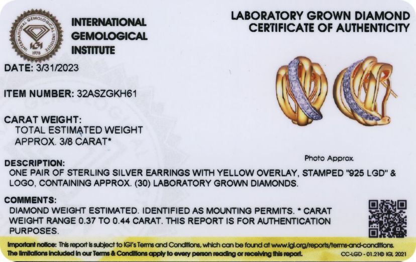 Lab Created 18K Gold Plated Sterling Silver 3/8 CT TW Lab Grown Diamond Omega Back Earrings