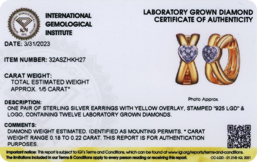 Lab Created 18K Gold Plated Sterling Silver 1/5 CT TW Lab Grown Diamond Heart Hoop Earrings