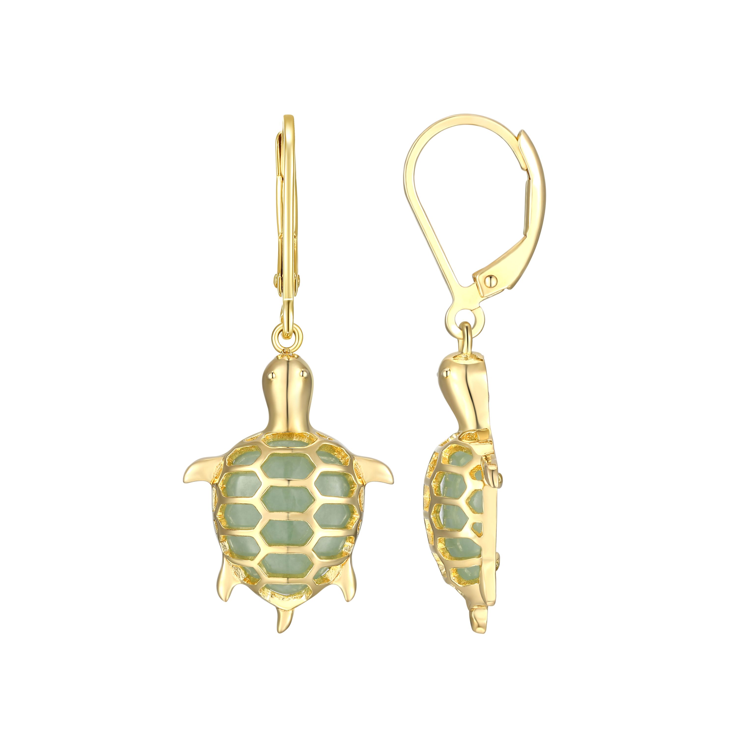 Genuine Jade Turtle Leverback Earrings in 18K Gold-plated Sterling Silver