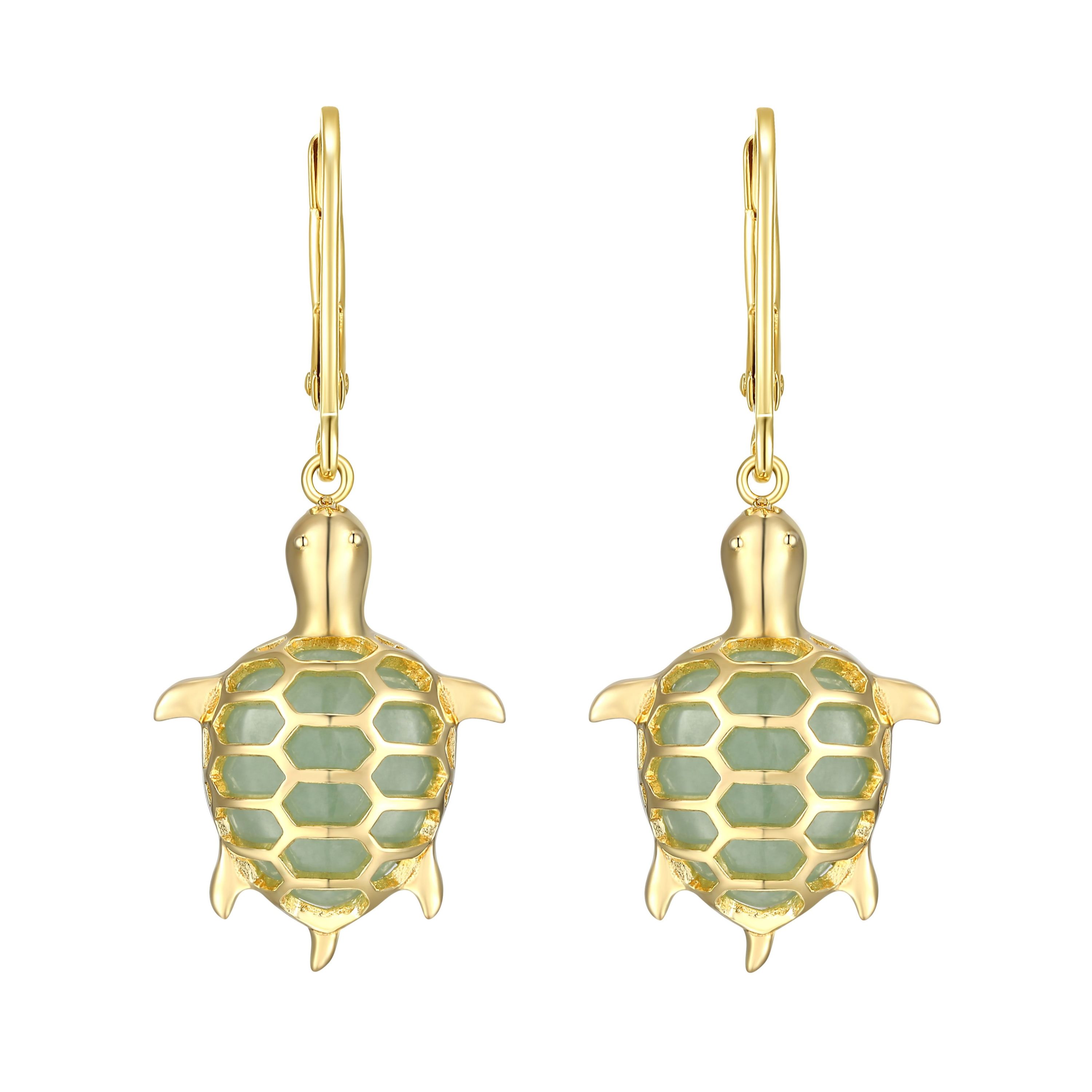Genuine Jade Turtle Leverback Earrings in 18K Gold-plated Sterling Silver