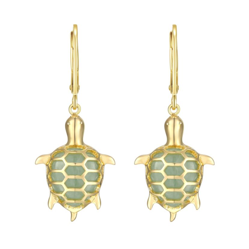 Genuine Jade Turtle Leverback Earrings in 18K Gold-plated Sterling Silver