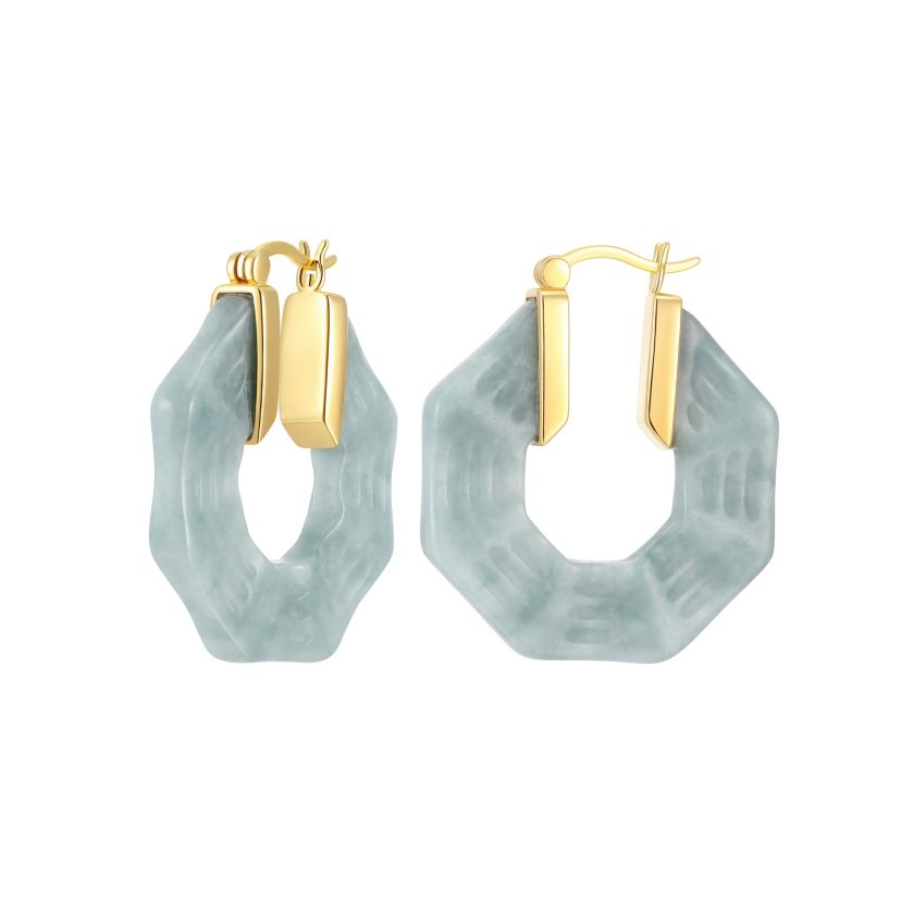 Genuine Green Jade Hoop Earrings in 18K Gold-plated Sterling Silver