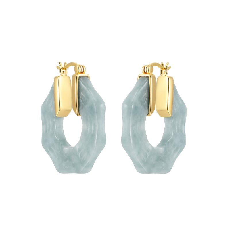 Genuine Green Jade Hoop Earrings in 18K Gold-plated Sterling Silver