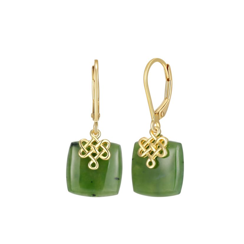 Genuine Natural Green Nephrite Jade Leverback Earrings in 18K Gold-plated Sterling Silver