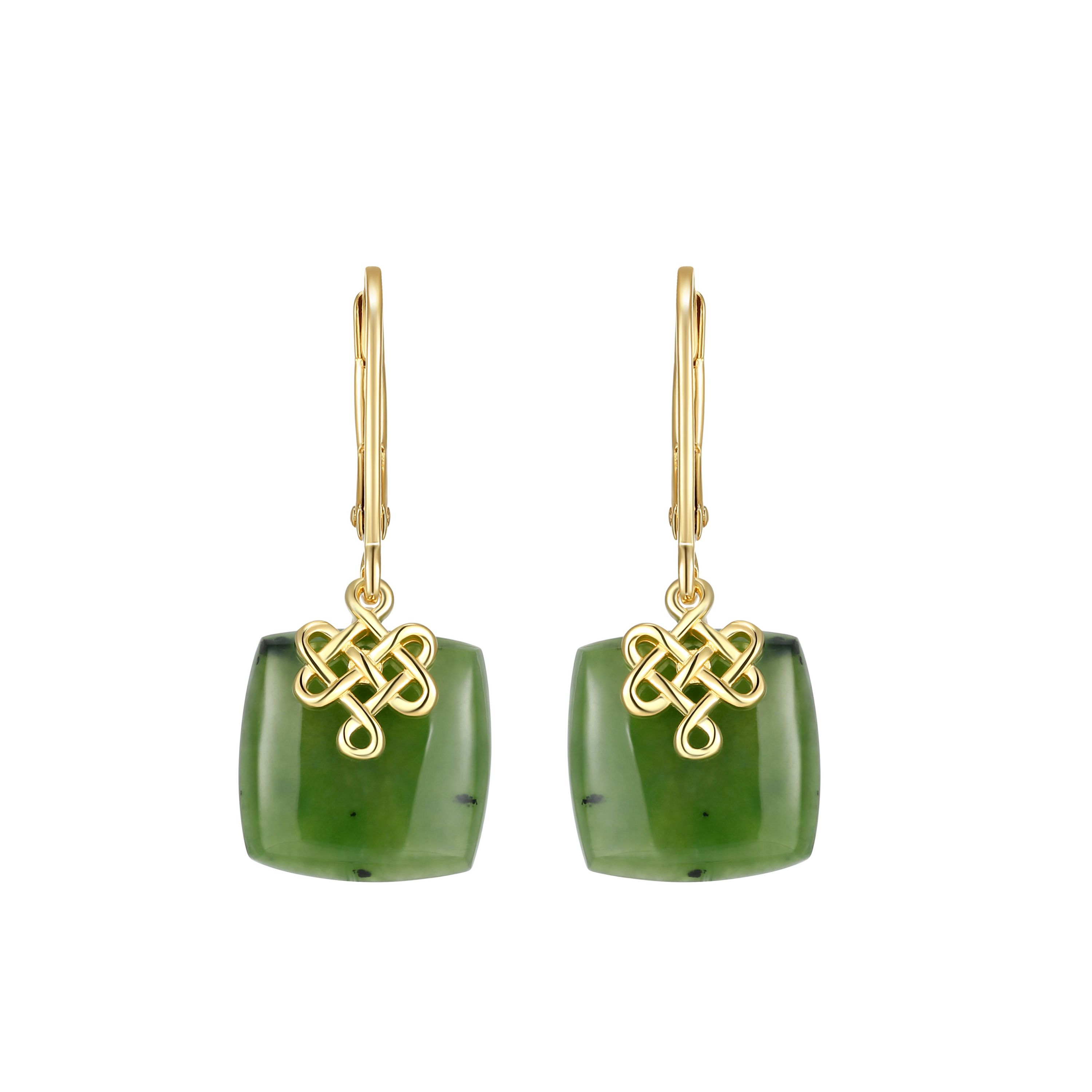 Genuine Natural Green Nephrite Jade Leverback Earrings in 18K Gold-plated Sterling Silver