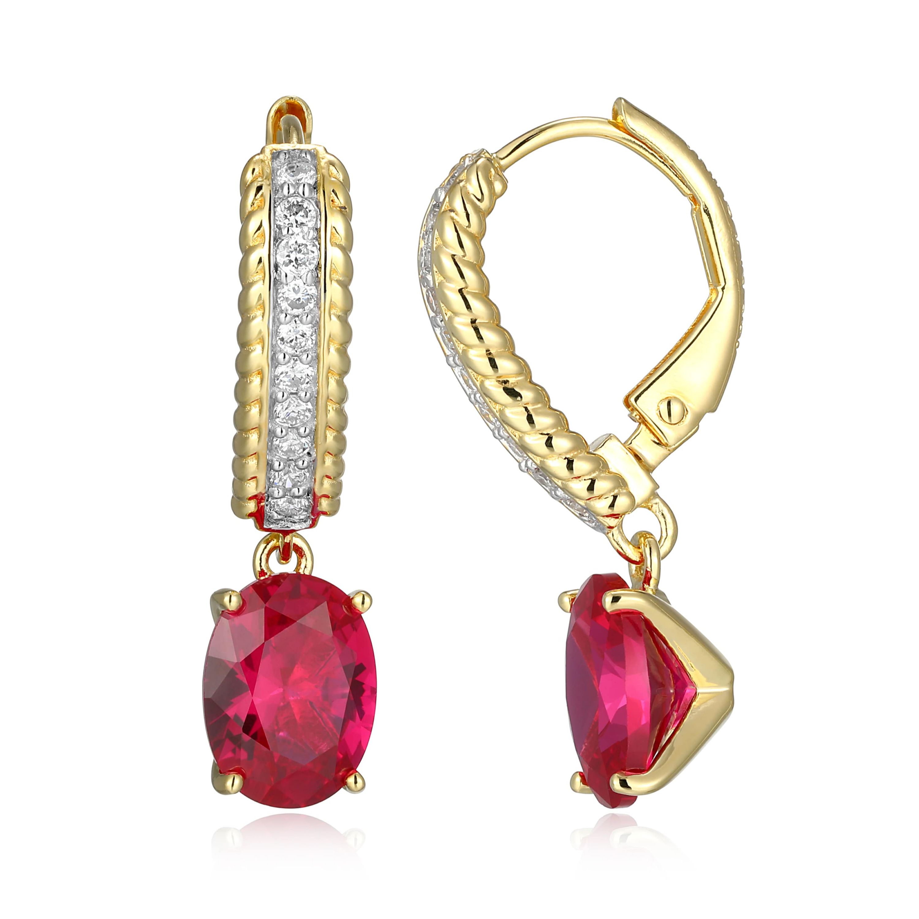 Lab Created Created Ruby and 1/5 CTTW Lab Grown Diamond Drop Earring in 18k Gold Plated Sterling Silver