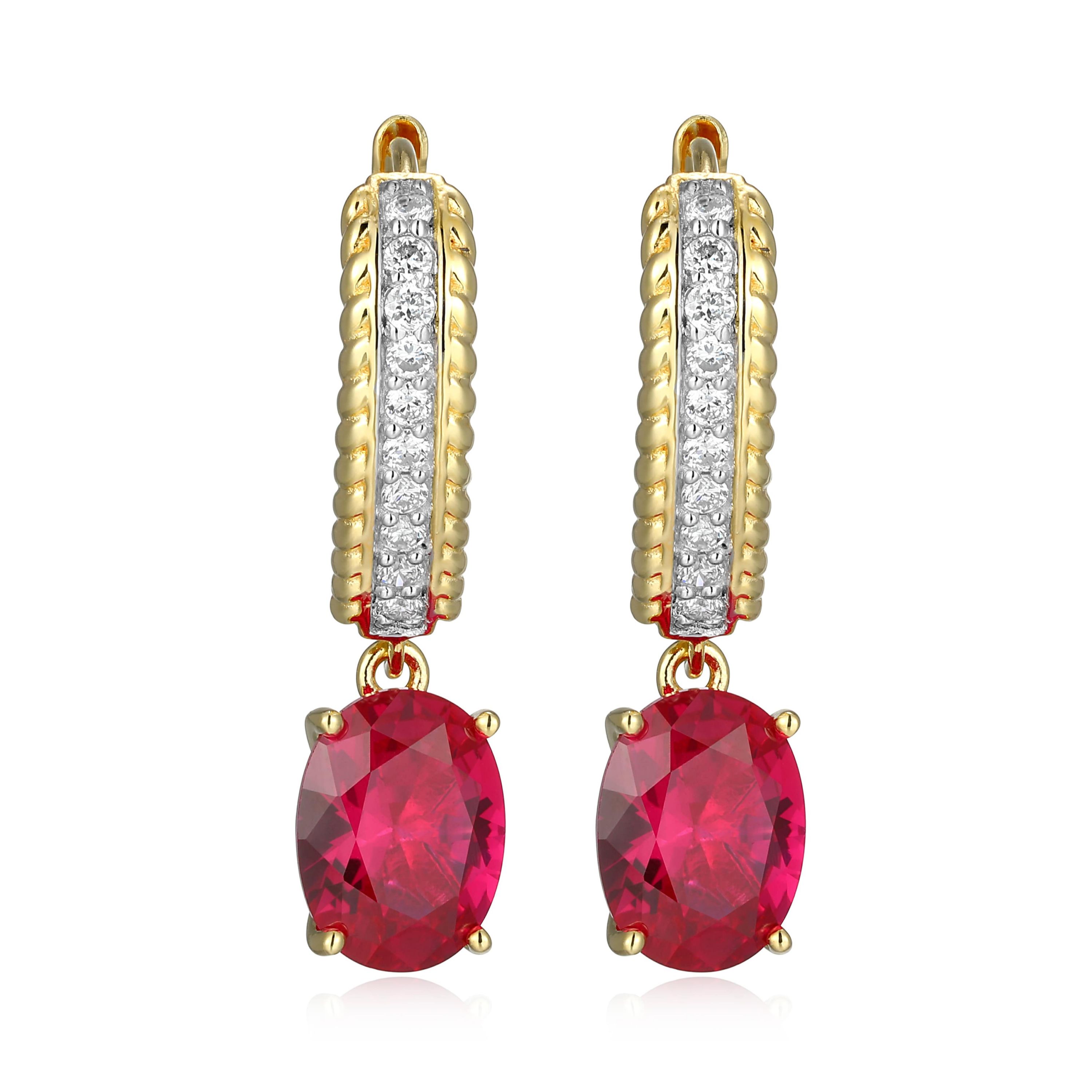 Lab Created Created Ruby and 1/5 CTTW Lab Grown Diamond Drop Earring in 18k Gold Plated Sterling Silver