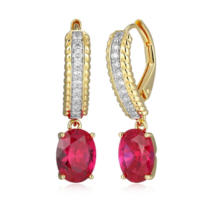 Lab Created Created Ruby and 1/5 CTTW Lab Grown Diamond Drop Earring in 18k Gold Plated Sterling Silver