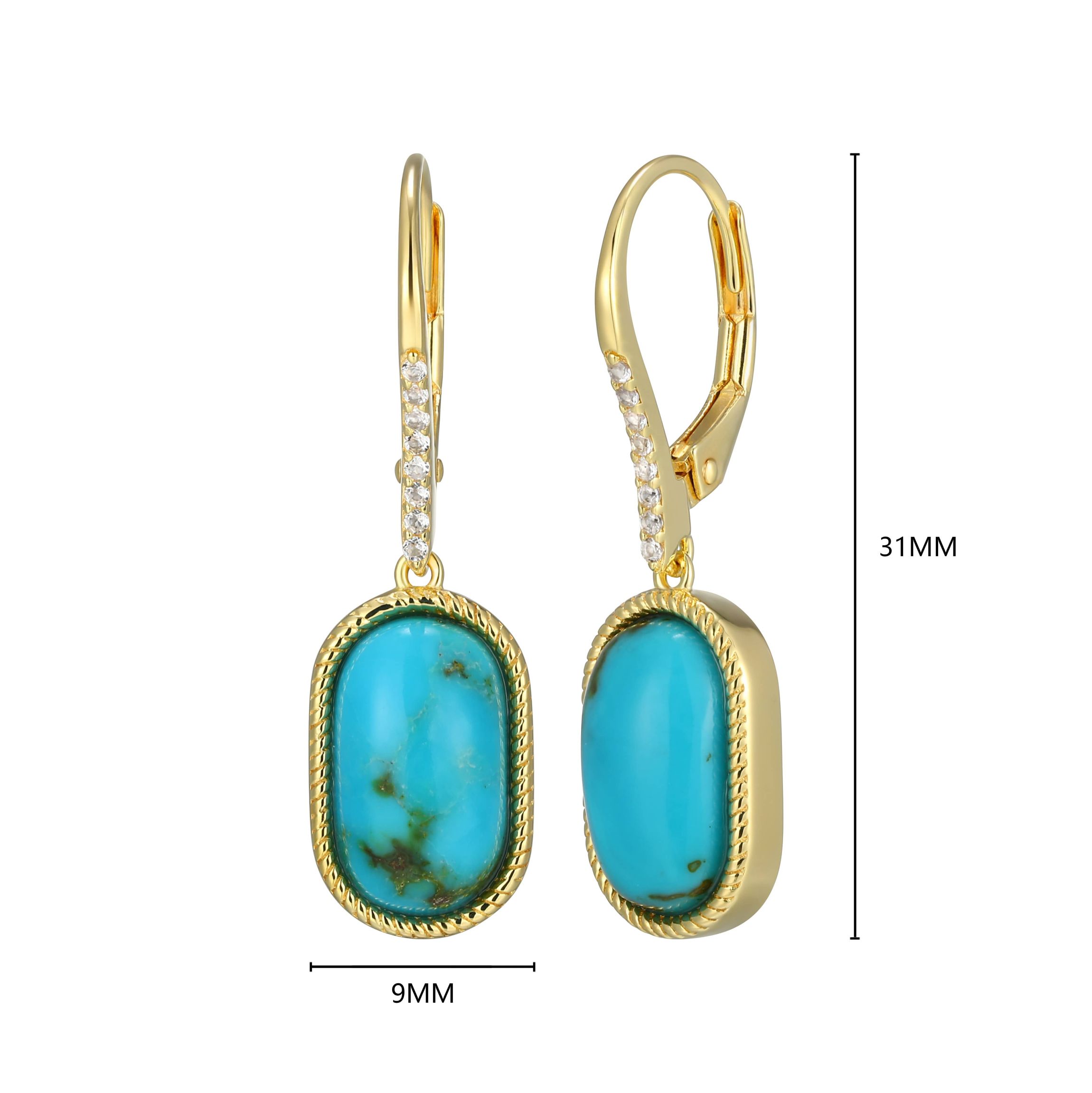 Genuine Turquoise and White Topaz Drop Earring in 18k Gold Plated Sterling Silver