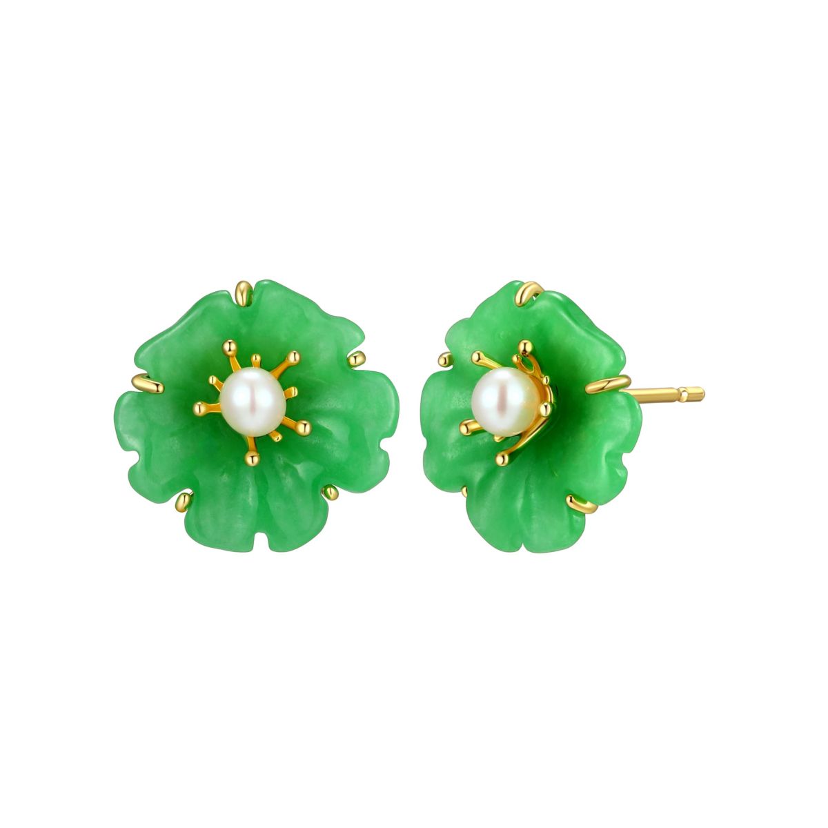 18K Yellow Gold Plated Sterling Silver Genuine Jade and Pearl Flower Stud Earrings