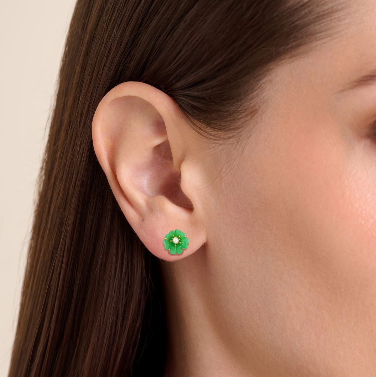18K Yellow Gold Plated Sterling Silver Genuine Jade and Pearl Flower Stud Earrings