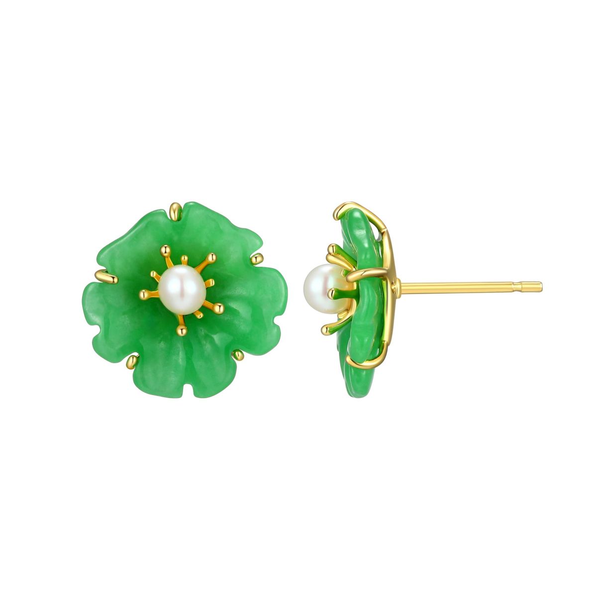 18K Yellow Gold Plated Sterling Silver Genuine Jade and Pearl Flower Stud Earrings