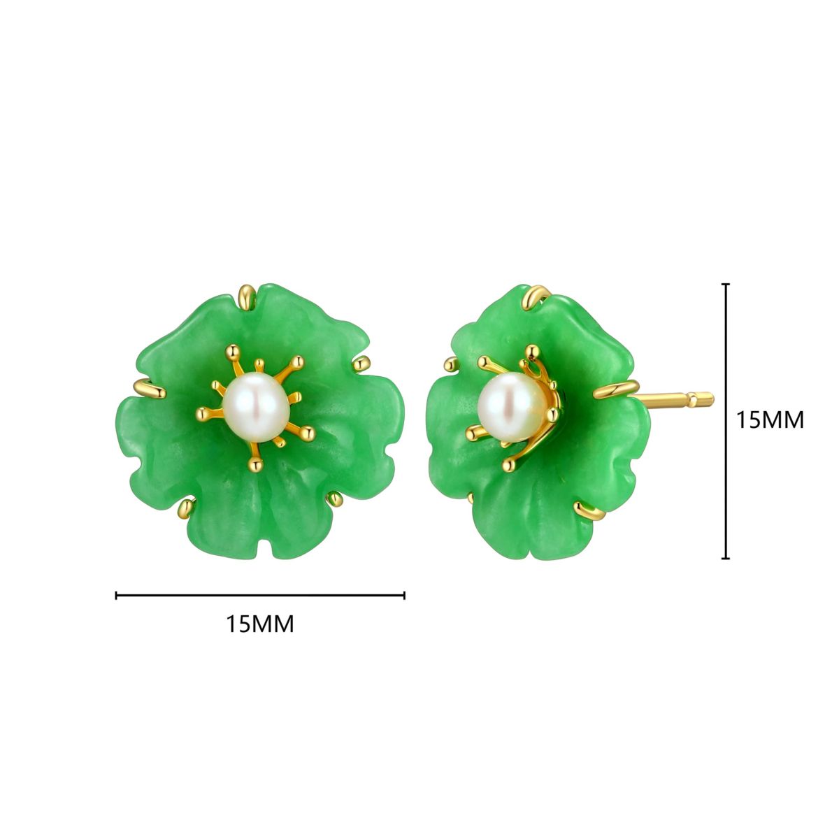 18K Yellow Gold Plated Sterling Silver Genuine Jade and Pearl Flower Stud Earrings