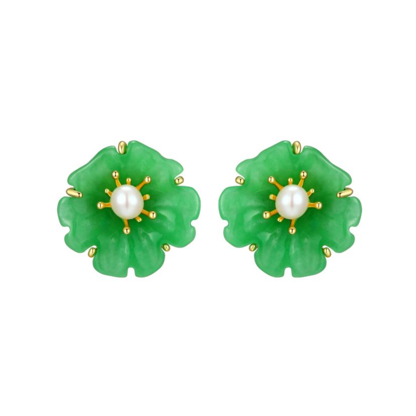 18K Yellow Gold Plated Sterling Silver Genuine Jade and Pearl Flower Stud Earrings