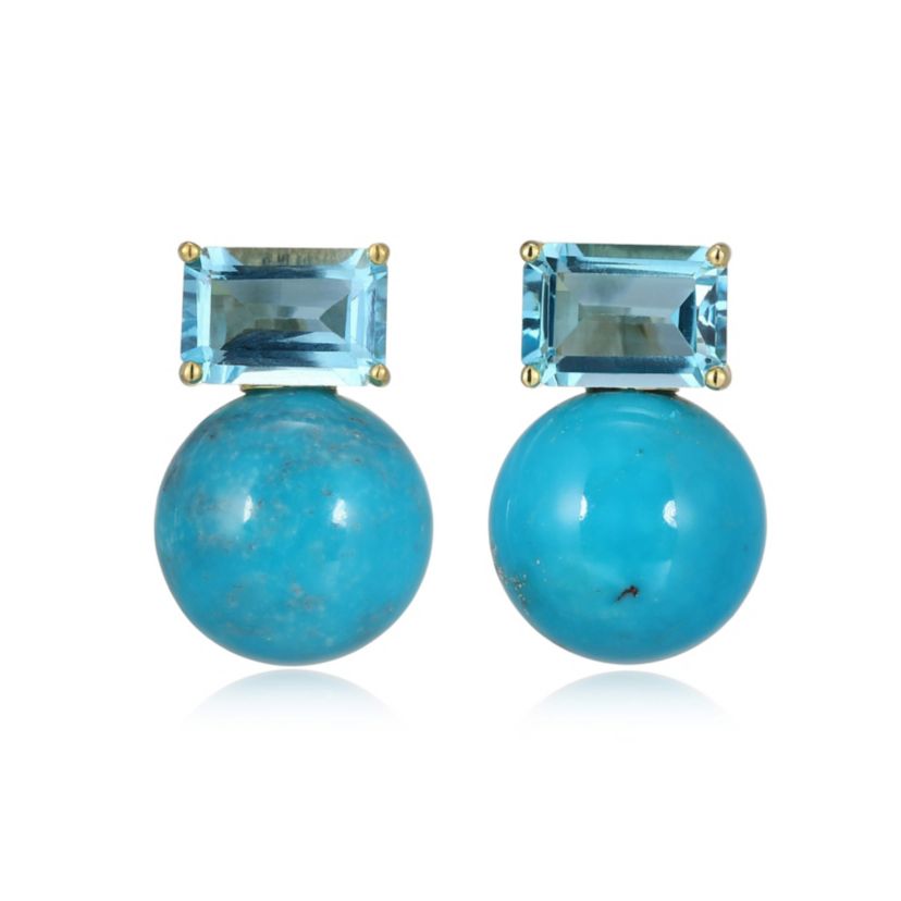 Genuine Turquoise and Blue Topaz Stud Earring in 18k Gold Plated Sterling Silver