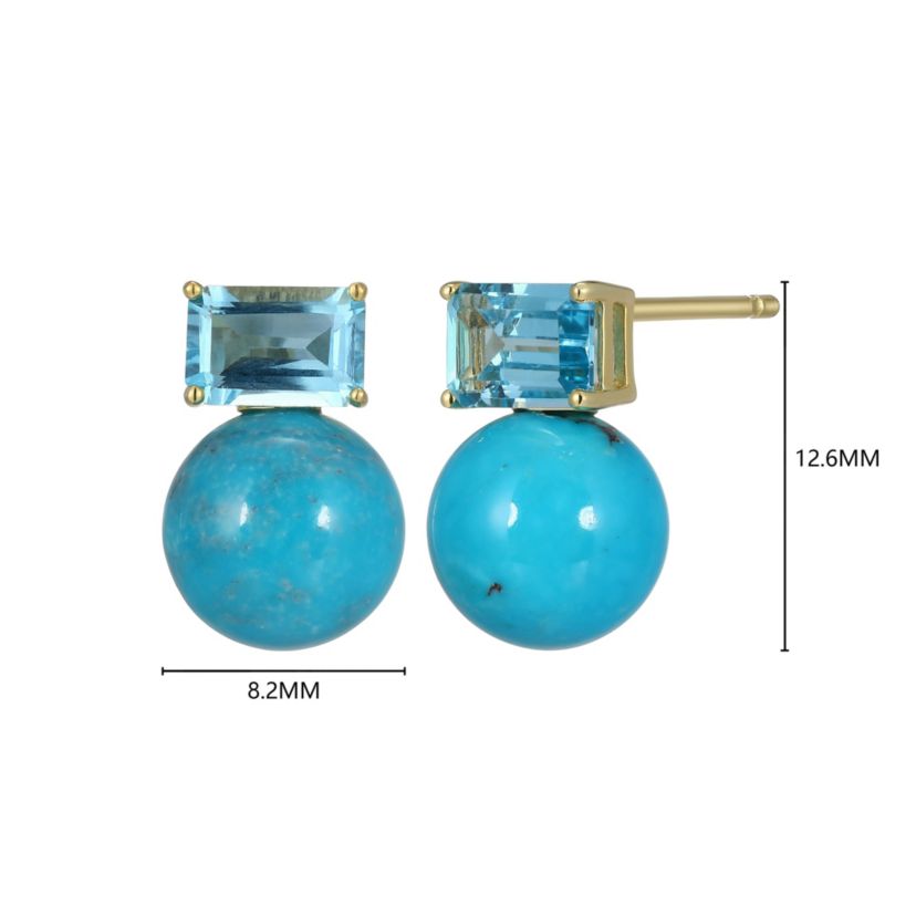 Genuine Turquoise and Blue Topaz Stud Earring in 18k Gold Plated Sterling Silver