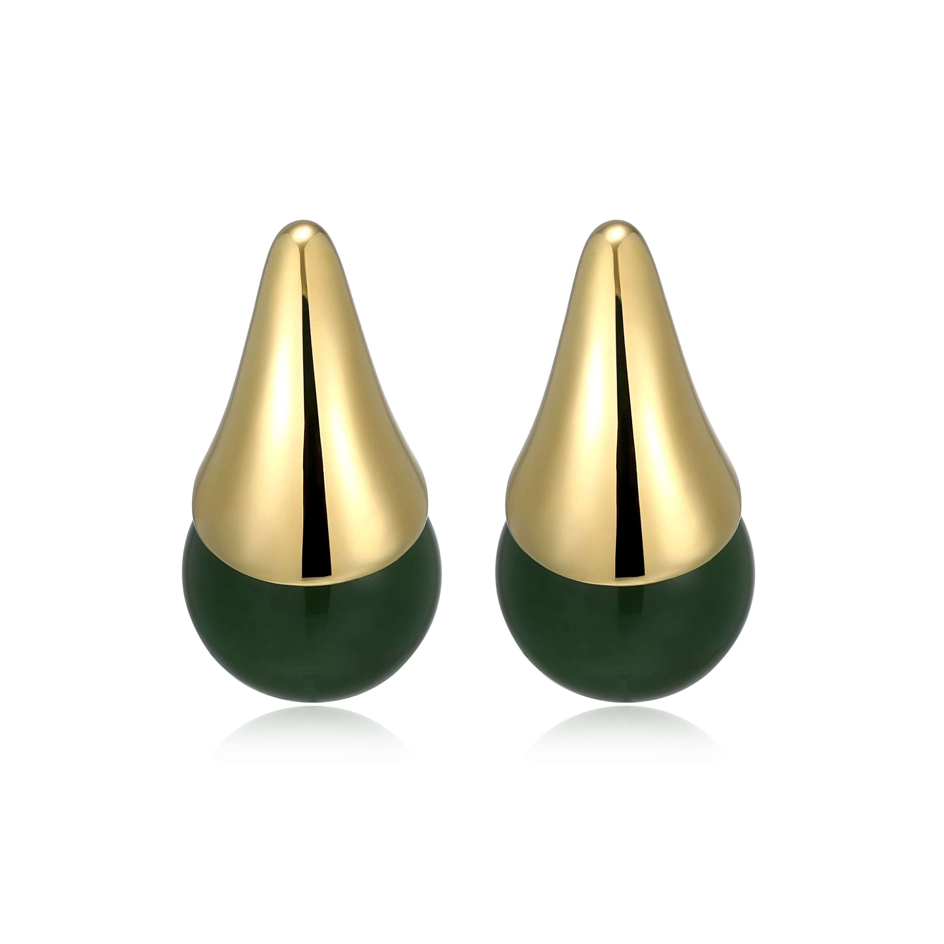 18K Yellow Gold Plated Sterling Silver Genuine Nephrite Jade Drop Earrings
