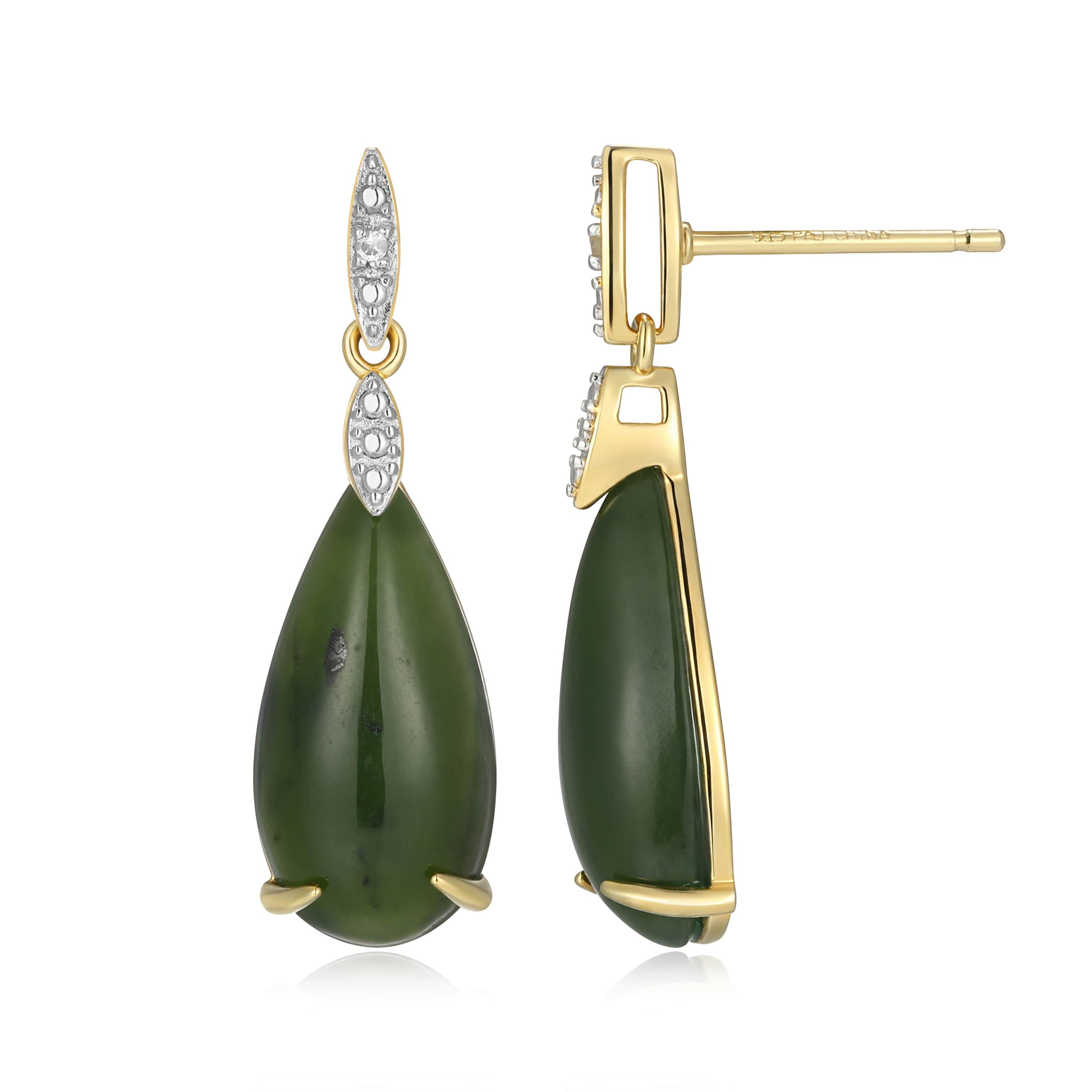 18K Yellow Gold Plated Sterling Silver Genuine Nephrite Jade Diamond Accent Drop Earrings
