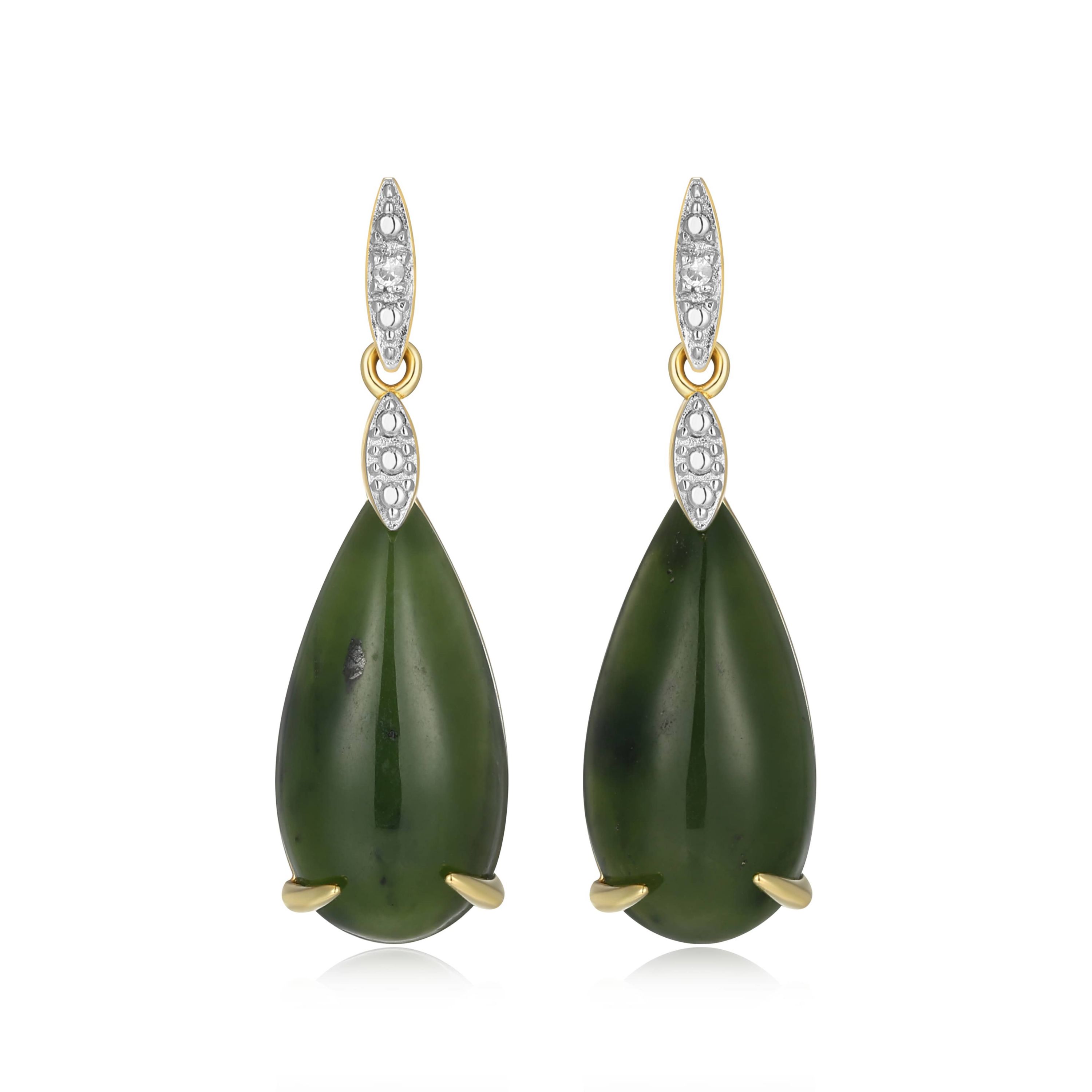 18K Yellow Gold Plated Sterling Silver Genuine Nephrite Jade Diamond Accent Drop Earrings