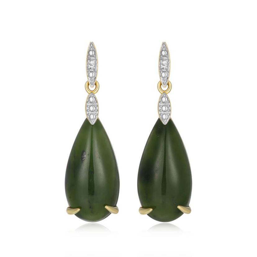 18K Yellow Gold Plated Sterling Silver Genuine Nephrite Jade Diamond Accent Drop Earrings