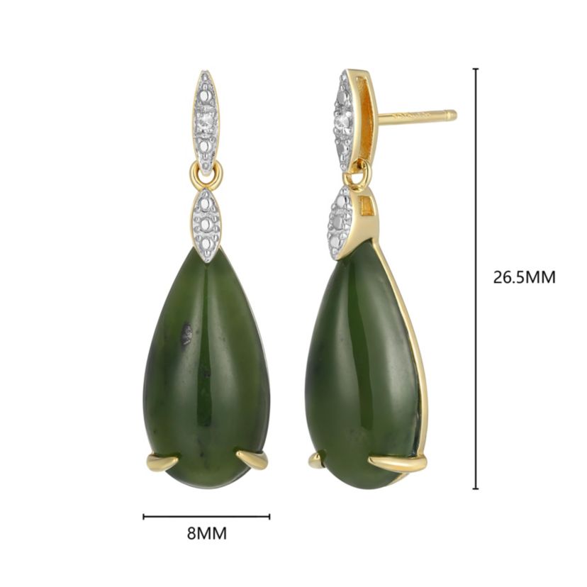 18K Yellow Gold Plated Sterling Silver Genuine Nephrite Jade Diamond Accent Drop Earrings
