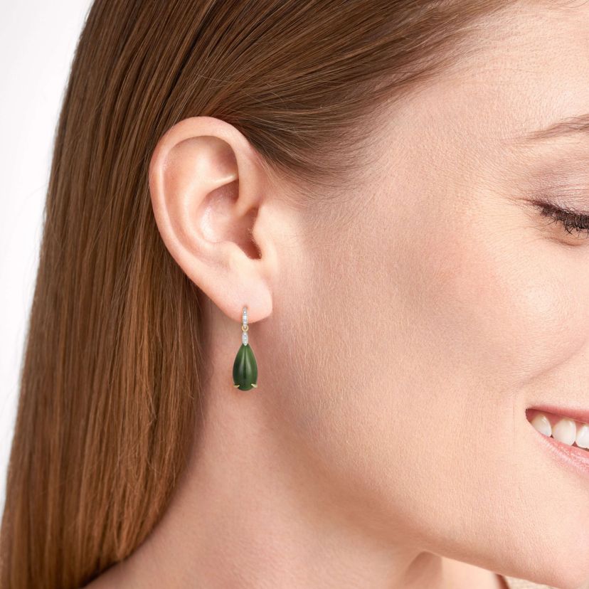 18K Yellow Gold Plated Sterling Silver Genuine Nephrite Jade Diamond Accent Drop Earrings