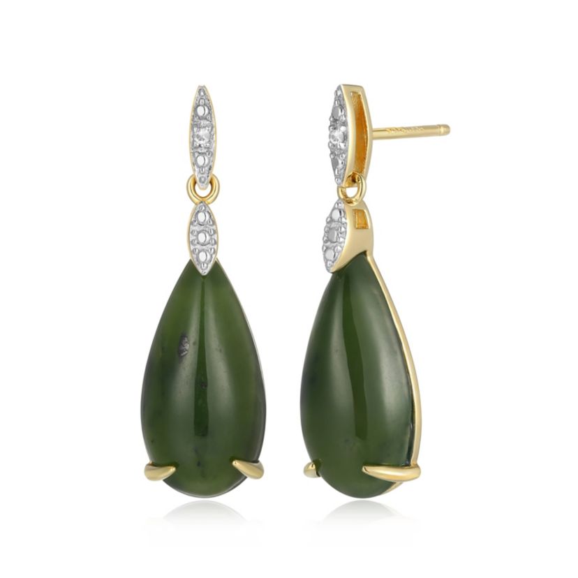18K Yellow Gold Plated Sterling Silver Genuine Nephrite Jade Diamond Accent Drop Earrings