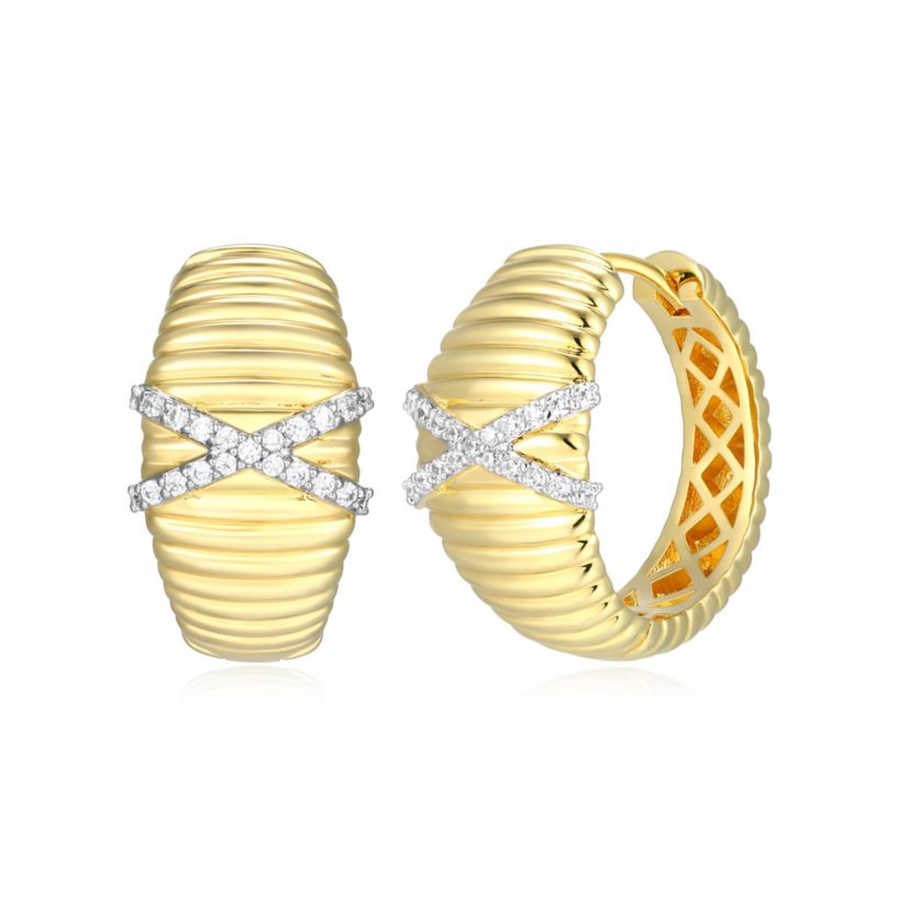 18K Yellow Gold Plated Sterling Silver Womens 1/6 CTTW Lab Grown Diamond X-Design Dome Hoop Earrings